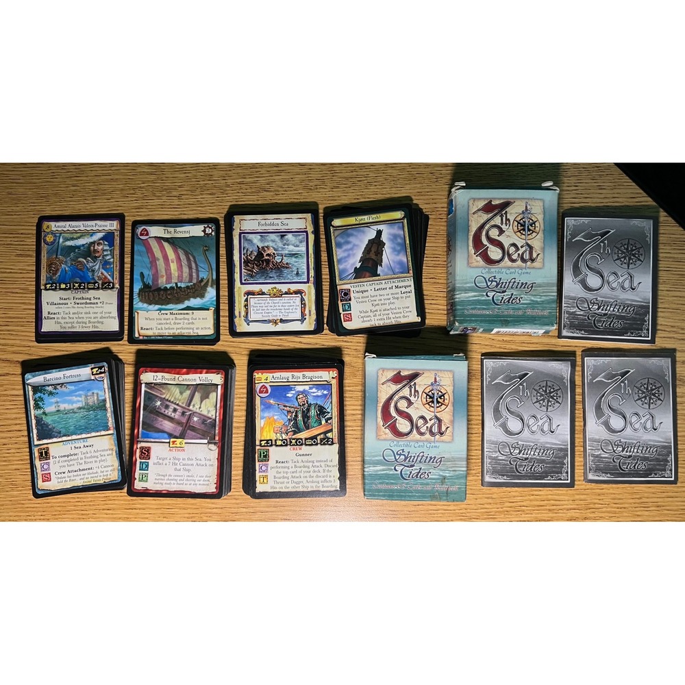7th Sea CCG Shifting Tides 130 Card Lot AEG 2000 With 2Deck Boxes Assorted Cards